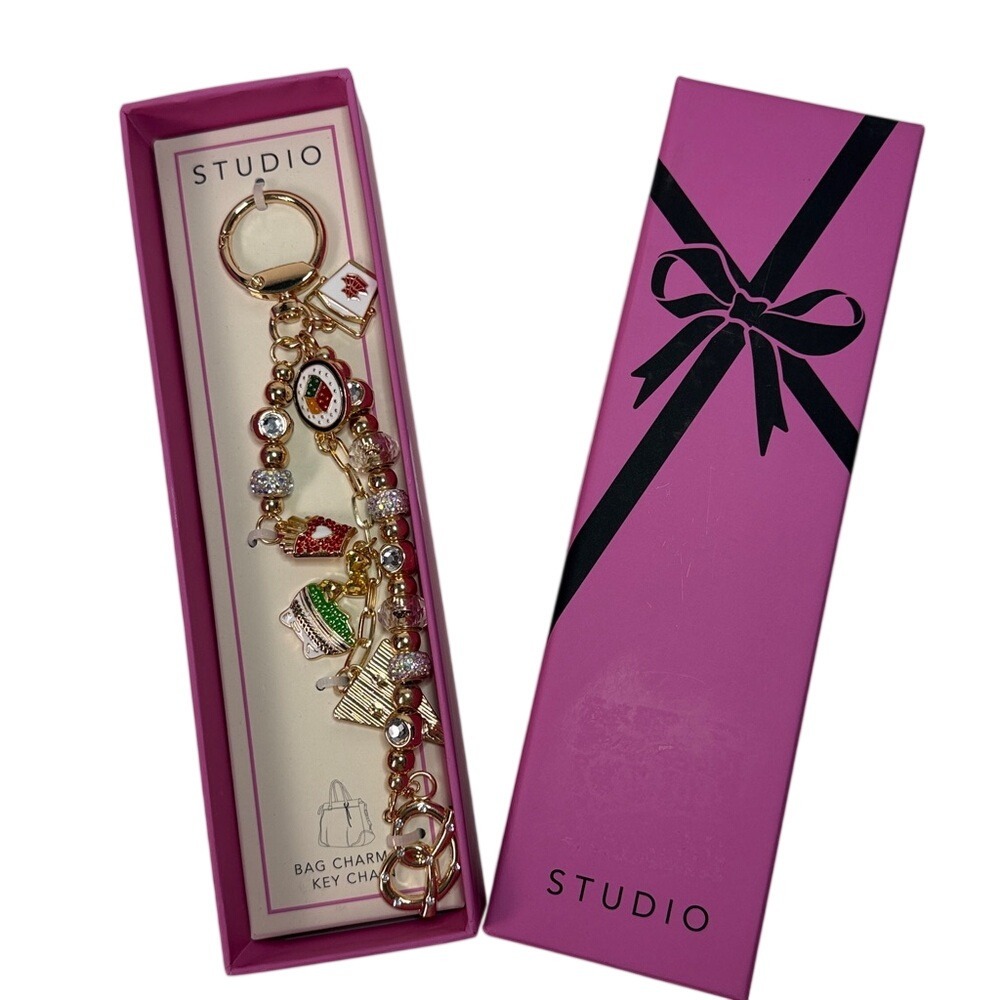 Studio Gold Tone‎ Fast Food Bag Charm Keychain Pizza Fries Burger Sushi NIB